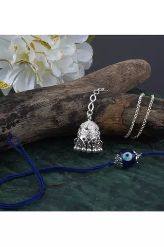 Handmade rakhi combo couple pair evil eye and jhumki bracelet set silver plated for bhaiya bhabhi