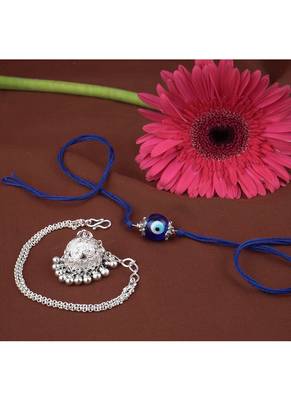Handmade rakhi combo couple pair evil eye and jhumki bracelet set silver plated for bhaiya bhabhi 3