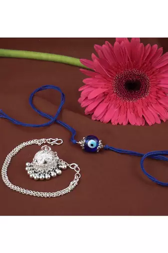 Handmade rakhi combo couple pair evil eye and jhumki bracelet set silver plated for bhaiya bhabhi