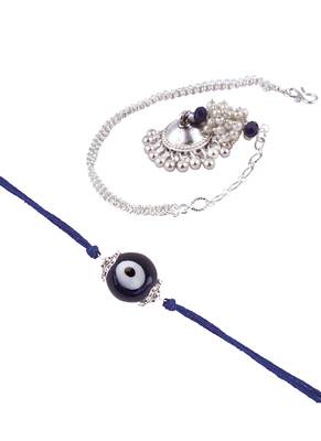 Handmade rakhi combo couple pair evil eye and jhumki bracelet set silver plated for bhaiya bhabhi 4
