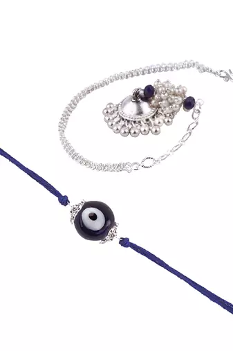 Handmade rakhi combo couple pair evil eye and jhumki bracelet set silver plated for bhaiya bhabhi