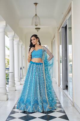 Glamorous Sky Blue Butterfly Net With Thread And Sequence Embroidered Work Lehenga Choli For Wedding 1