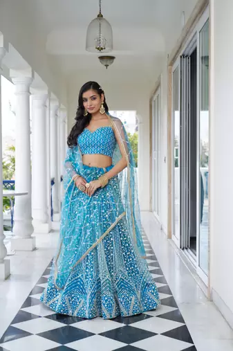 Glamorous Sky Blue Butterfly Net With Thread And Sequence Embroidered Work Lehenga Choli For Wedding