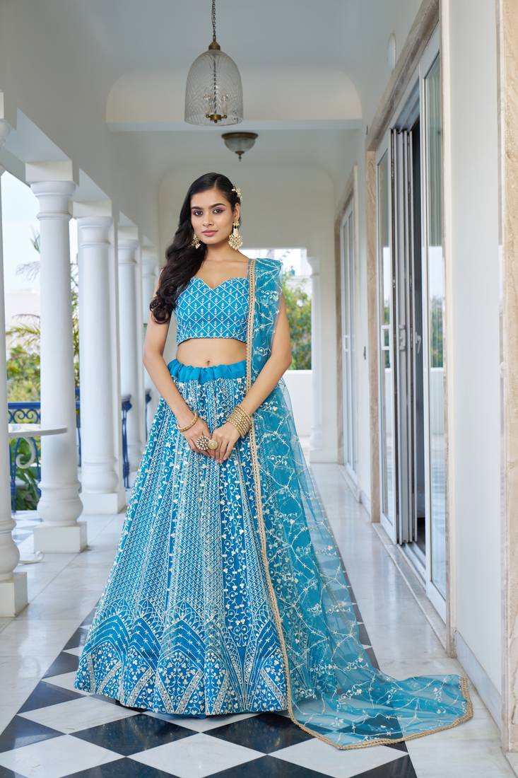 Glamorous Sky Blue Butterfly Net With Thread And Sequence Embroidered Work Lehenga Choli For Wedding