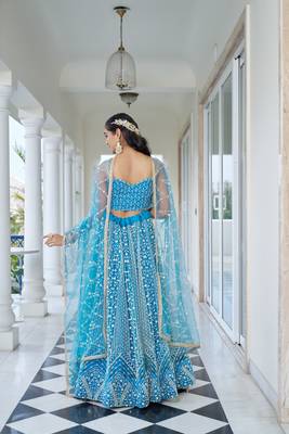 Glamorous Sky Blue Butterfly Net With Thread And Sequence Embroidered Work Lehenga Choli For Wedding 5