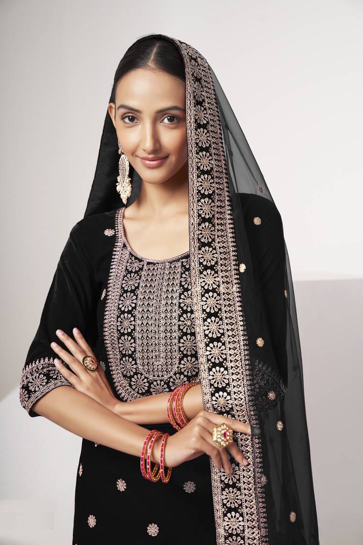 Black Colored Sequins Zari And Codding Embroidered Velvet Salwar Kameez Online Shopping