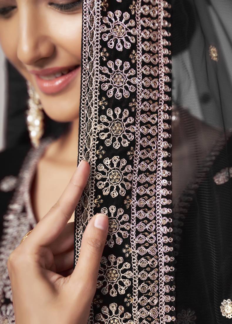Black Colored Sequins Zari And Codding Embroidered Velvet Salwar Kameez Online Shopping
