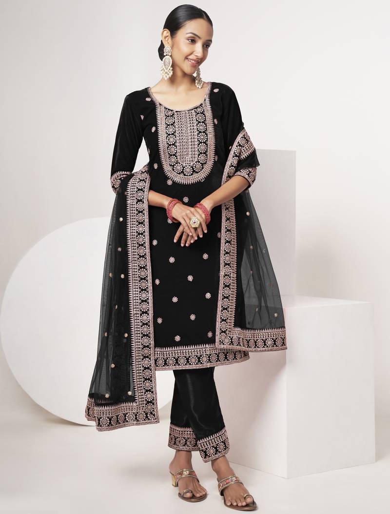 Black Colored Sequins Zari And Codding Embroidered Velvet Salwar Kameez Online Shopping