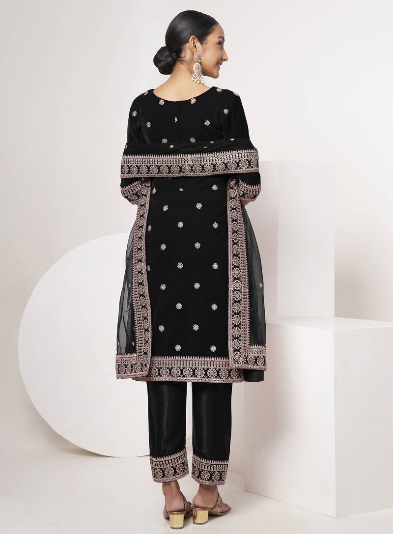 Black Colored Sequins Zari And Codding Embroidered Velvet Salwar Kameez Online Shopping