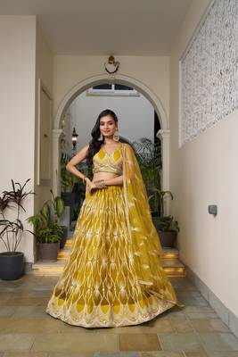 Glamorous Mustard Yellow Butterfly Net With Tone To Tone Thread And Sequence Embroidered Work Lehenga Choli For Wedding 1