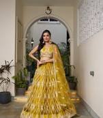 Glamorous Mustard Yellow Butterfly Net With Tone To Tone Thread And Sequence Embroidered Work Lehenga Choli For Wedding