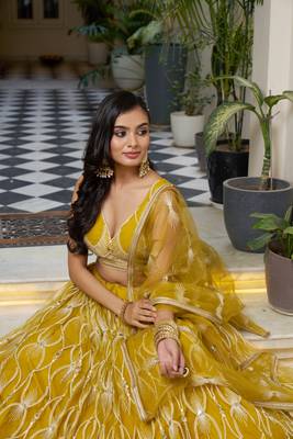 Glamorous Mustard Yellow Butterfly Net With Tone To Tone Thread And Sequence Embroidered Work Lehenga Choli For Wedding 3