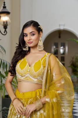 Glamorous Mustard Yellow Butterfly Net With Tone To Tone Thread And Sequence Embroidered Work Lehenga Choli For Wedding 4