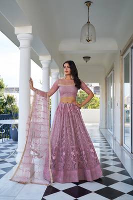 Glamorous Dusty Pink Butterfly Net With Tone To Tone Thread And Sequence Embroidered Work Lehenga Choli For Wedding 2