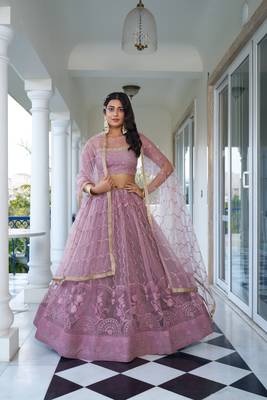 Glamorous Dusty Pink Butterfly Net With Tone To Tone Thread And Sequence Embroidered Work Lehenga Choli For Wedding 1
