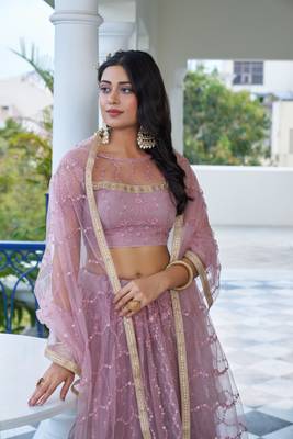 Glamorous Dusty Pink Butterfly Net With Tone To Tone Thread And Sequence Embroidered Work Lehenga Choli For Wedding 3