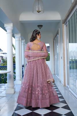Glamorous Dusty Pink Butterfly Net With Tone To Tone Thread And Sequence Embroidered Work Lehenga Choli For Wedding 5