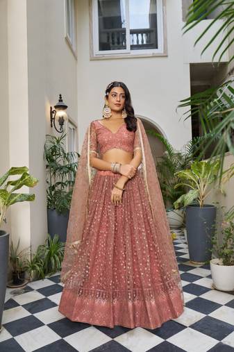 Glamorous Rust Butterfly Net With Tone To Tone Thread And Sequence Embroidered Work Lehenga Choli For Wedding