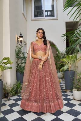 Glamorous Rust Butterfly Net With Tone To Tone Thread And Sequence Embroidered Work Lehenga Choli For Wedding 1
