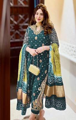 Teal embroidered faux georgette semi stitched salwar suit 1