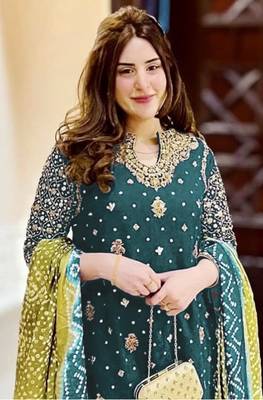 Teal embroidered faux georgette semi stitched salwar suit 3