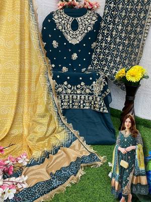 Teal embroidered faux georgette semi stitched salwar suit 4