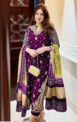 Purple embroidered faux georgette semi stitched salwar suit 1