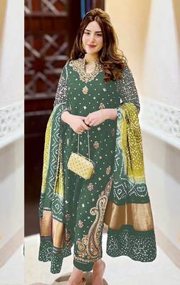 Green embroidered faux georgette semi stitched salwar suit 1