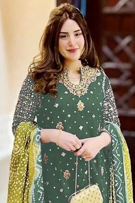 Green embroidered faux georgette semi stitched salwar suit 3