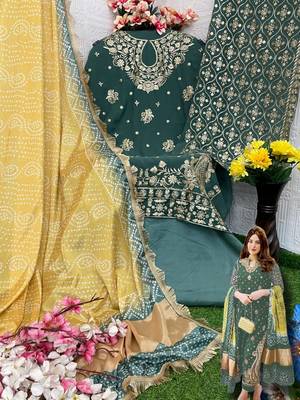 Green embroidered faux georgette semi stitched salwar suit 4