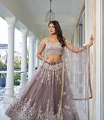 Glamorous Light Dusty Brown Butterfly Net With Thread And Sequins Embroidered Work Lehenga Choli