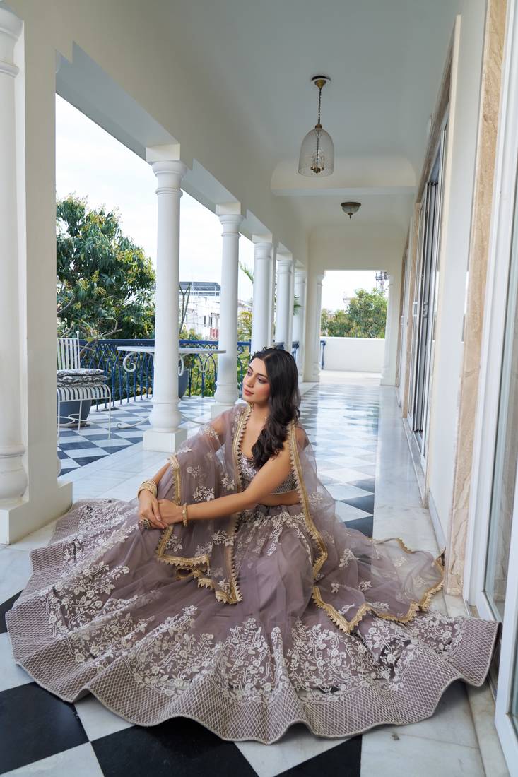 Glamorous Light Dusty Brown Butterfly Net With Thread And Sequins Embroidered Work Lehenga Choli
