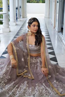 Glamorous Light Dusty Brown Butterfly Net With Thread And Sequins Embroidered Work Lehenga Choli 3