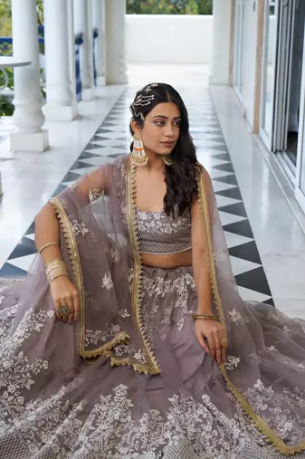 Glamorous Light Dusty Brown Butterfly Net With Thread And Sequins Embroidered Work Lehenga Choli