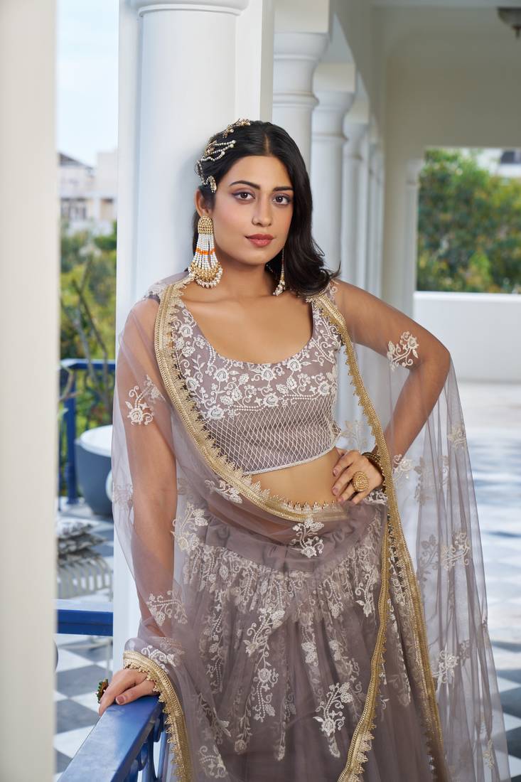 Glamorous Light Dusty Brown Butterfly Net With Thread And Sequins Embroidered Work Lehenga Choli
