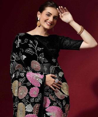  Black Colored Heavy Multi Sequence Embroidered Georgette Saree With Unstitched Banglori Silk Blouse 2