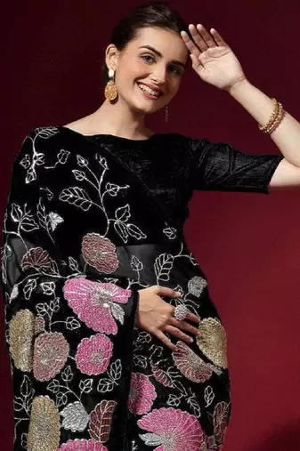  Black Colored Heavy Multi Sequence Embroidered Georgette Saree With Unstitched Banglori Silk Blouse