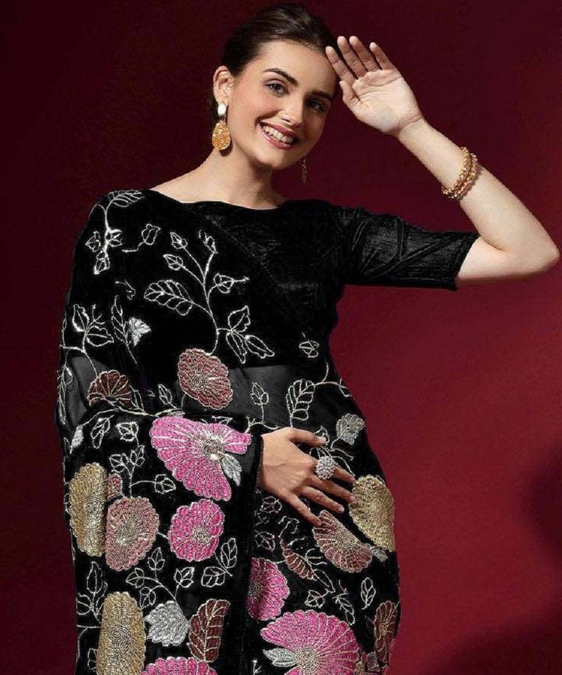  Black Colored Heavy Multi Sequence Embroidered Georgette Saree With Unstitched Banglori Silk Blouse