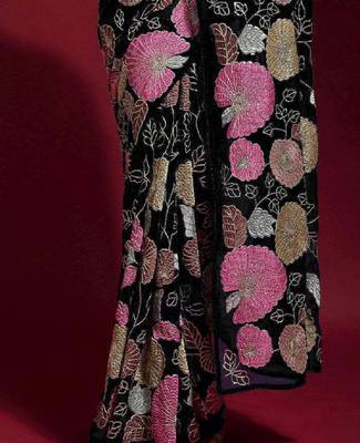  Black Colored Heavy Multi Sequence Embroidered Georgette Saree With Unstitched Banglori Silk Blouse 3