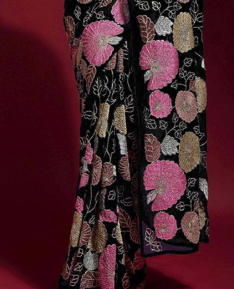  Black Colored Heavy Multi Sequence Embroidered Georgette Saree With Unstitched Banglori Silk Blouse