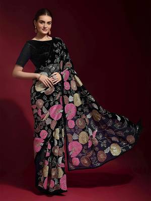  Black Colored Heavy Multi Sequence Embroidered Georgette Saree With Unstitched Banglori Silk Blouse 4