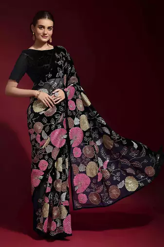  Black Colored Heavy Multi Sequence Embroidered Georgette Saree With Unstitched Banglori Silk Blouse