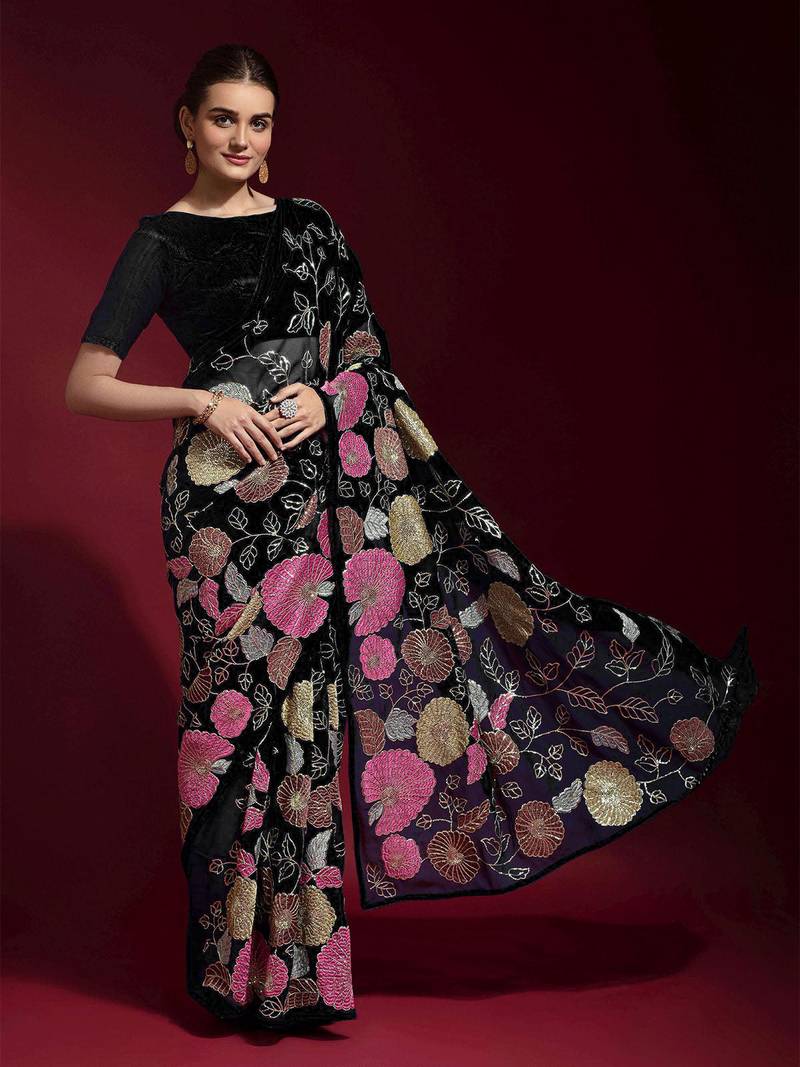  Black Colored Heavy Multi Sequence Embroidered Georgette Saree With Unstitched Banglori Silk Blouse