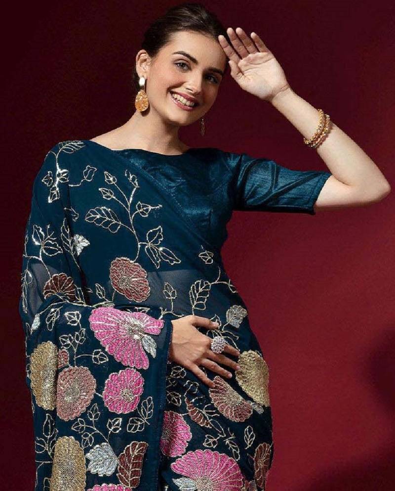 Teal Blue Colored Heavy Multi Sequence Embroidered Georgette Saree With Unstitched Banglori Silk Blouse