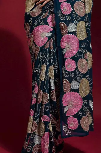 Teal Blue Colored Heavy Multi Sequence Embroidered Georgette Saree With Unstitched Banglori Silk Blouse