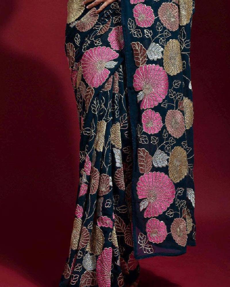 Teal Blue Colored Heavy Multi Sequence Embroidered Georgette Saree With Unstitched Banglori Silk Blouse