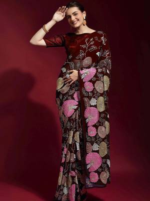  Maroon Colored Heavy Multi Sequence Embroidered Georgette Saree With Unstitched Banglori Silk Blouse 1