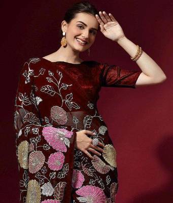  Maroon Colored Heavy Multi Sequence Embroidered Georgette Saree With Unstitched Banglori Silk Blouse 2