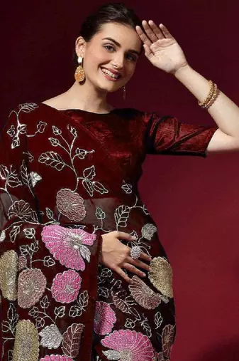  Maroon Colored Heavy Multi Sequence Embroidered Georgette Saree With Unstitched Banglori Silk Blouse