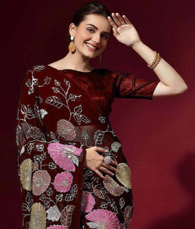  Maroon Colored Heavy Multi Sequence Embroidered Georgette Saree With Unstitched Banglori Silk Blouse